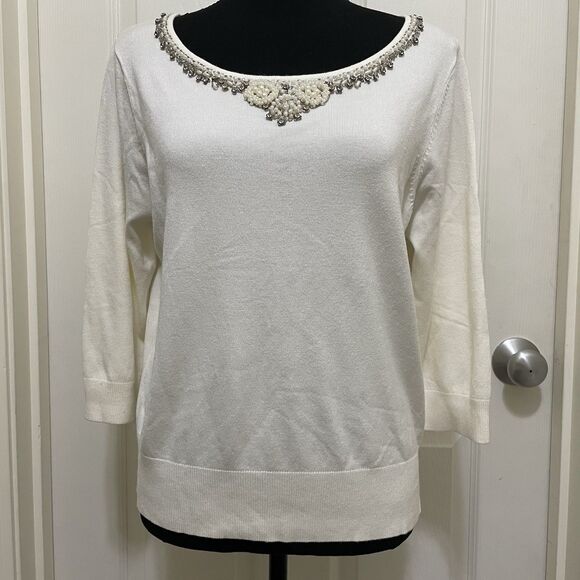 NEW Apostrophe Petite Knit Sweater White Beads Pearls Rhinestone Womens Sz 18 XL - Picture 1 of 9